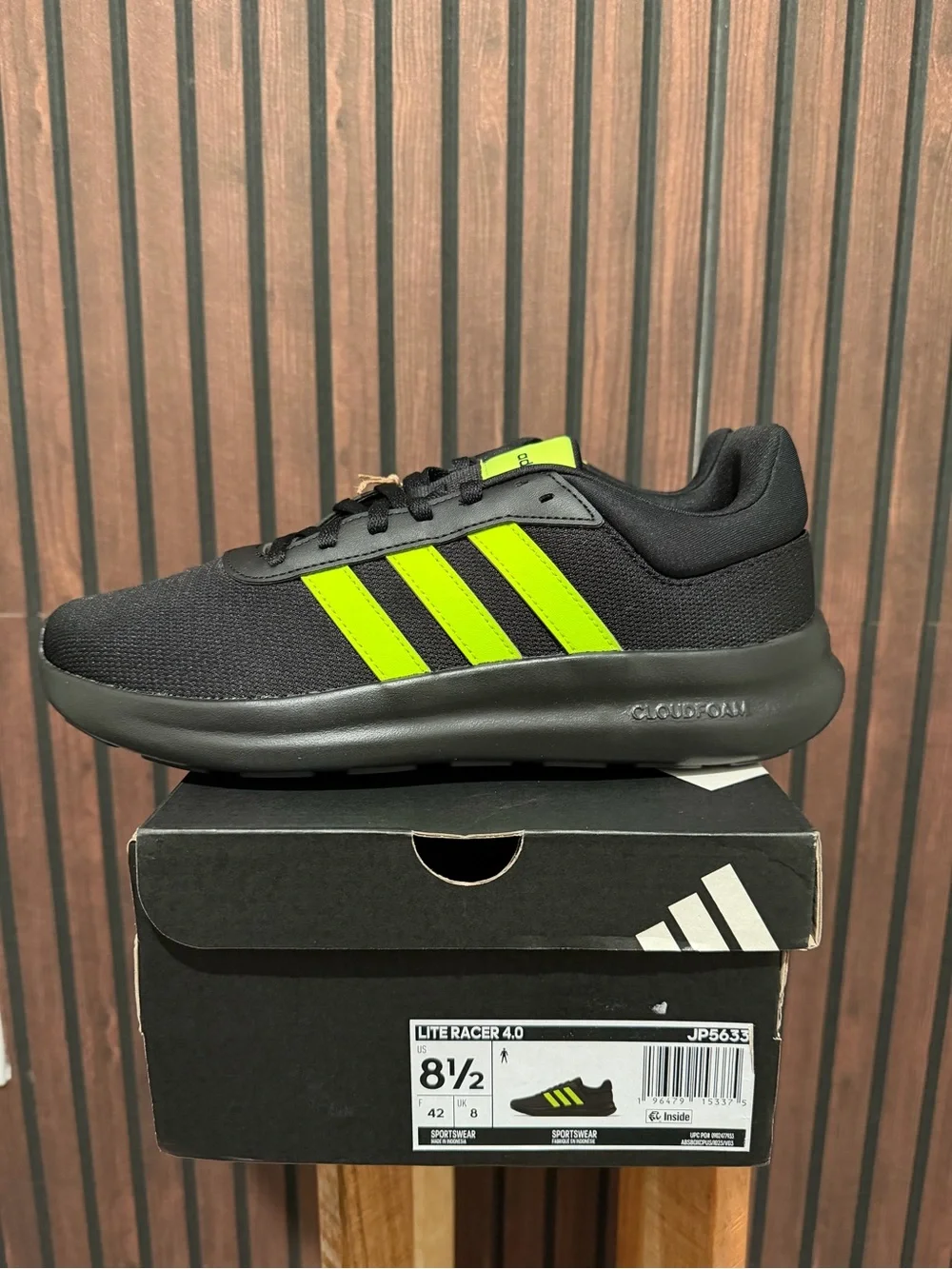 Adidas Lite Racer 4.0 Men’s 8.5 Black Neon Green Cloudfoam NWT JP5633